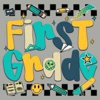 First Grade Checkered Teal 89-216 - Youth Heavy Cotton 100% Cotton T Shirt Design