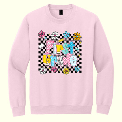 First Grade Checkered Flowers 89-211 - Heavy Blend Crewneck Sweatshirt Thumbnail