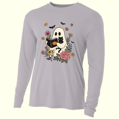 Ghost Reading With Black Cat 👻🐈‍⬛📖 40-050 - Adult Cooling Performance Long Sleeve Tee Thumbnail