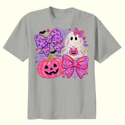 Pink Halloween Ghost & Bows 🎃🎀 40-123 - Youth Heavy Cotton 100% Cotton T Shirt Thumbnail